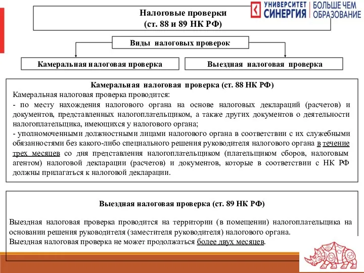 Налоговые проверки (ст. 88 и 89 НК РФ) Виды налоговых