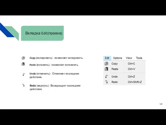 Copy (копировать) - позволяет копировать. Paste (вставить) - позволяет вставлять.