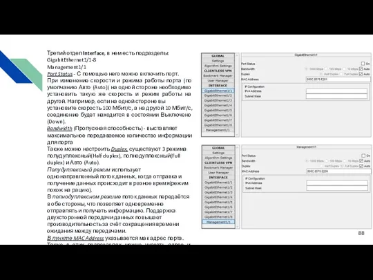Третий отдел Interface, в нем есть подразделы: GigabitEthernet1/1-8 Management1/1 Port