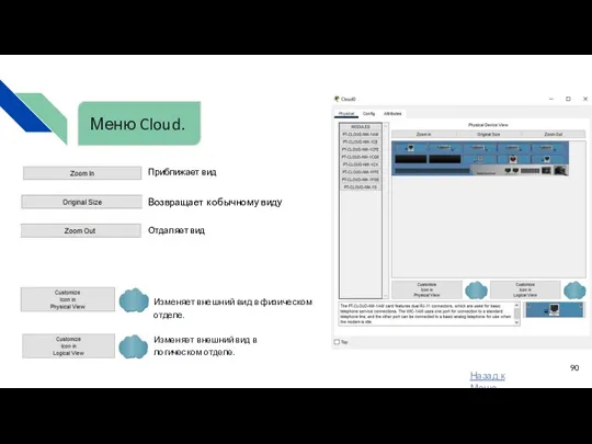 Меню Cloud. Изменяет внешний вид в физическом отделе. Изменяет внешний