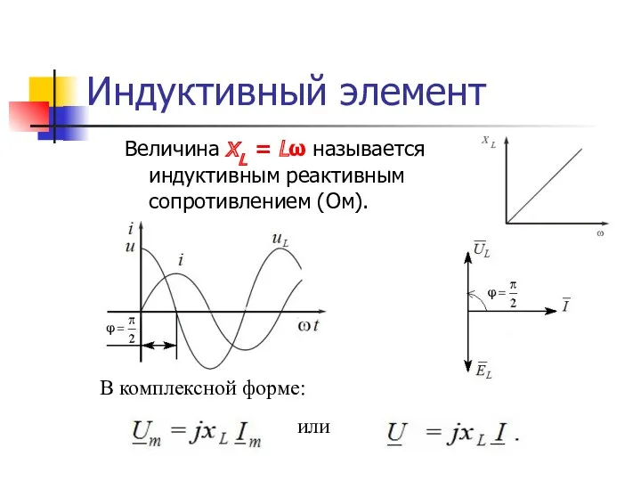 В комплексной форме: или Индуктивный элемент Величина xL = Lω называется индуктивным реактивным сопротивлением (Ом).