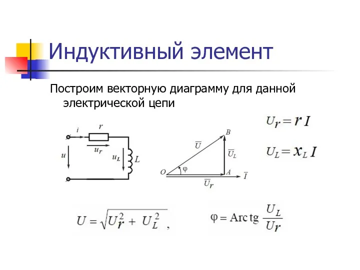 Индуктивный элемент Построим векторную диаграмму для данной электрической цепи