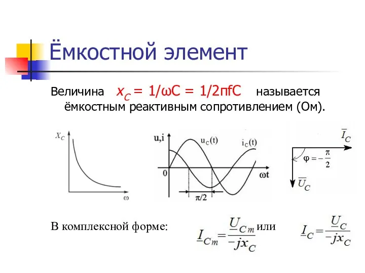 Ёмкостной элемент Величина xС = 1/ωC = 1/2πfC называется ёмкостным