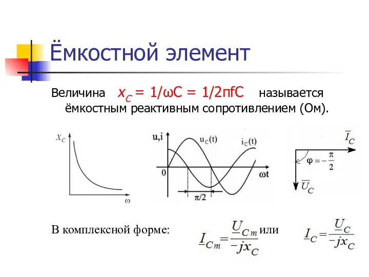 Ёмкостной элемент Величина xС = 1/ωC = 1/2πfC называется ёмкостным