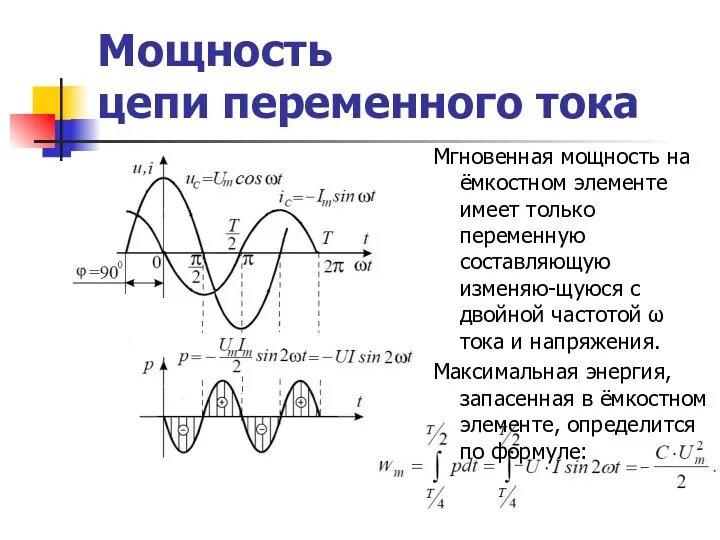 Мощность цепи переменного тока Мгновенная мощность на ёмкостном элементе имеет