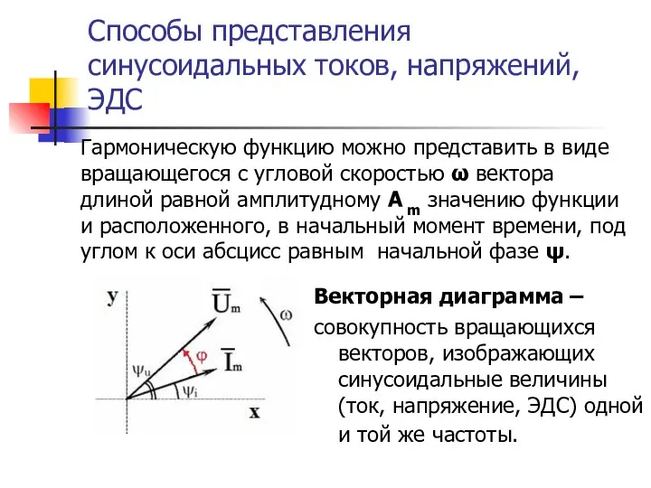 Способы представления синусоидальных токов, напряжений, ЭДС Векторная диаграмма – совокупность