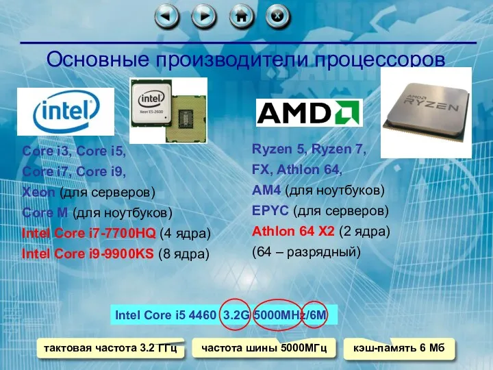 Core i3, Core i5, Core i7, Core i9, Xeon (для серверов) Core M