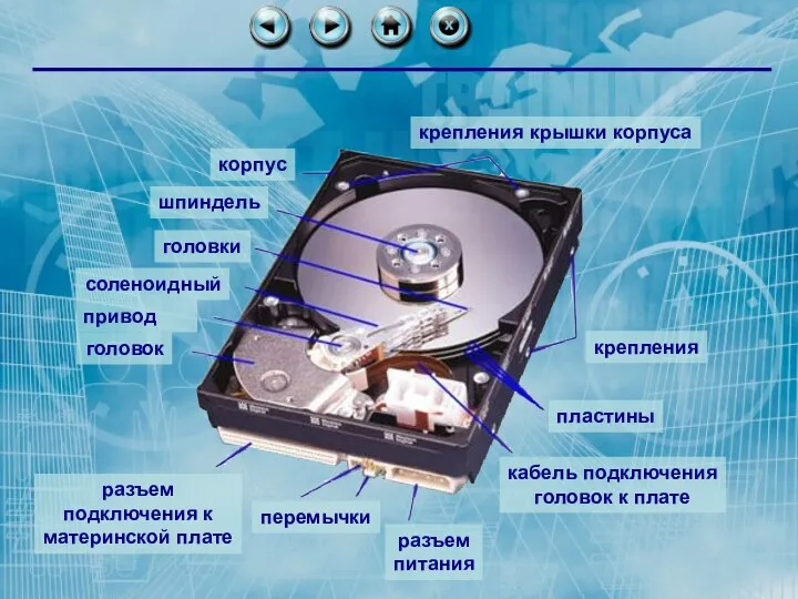 корпус шпиндель головки разъем подключения к материнской плате перемычки разъем питания кабель подключения