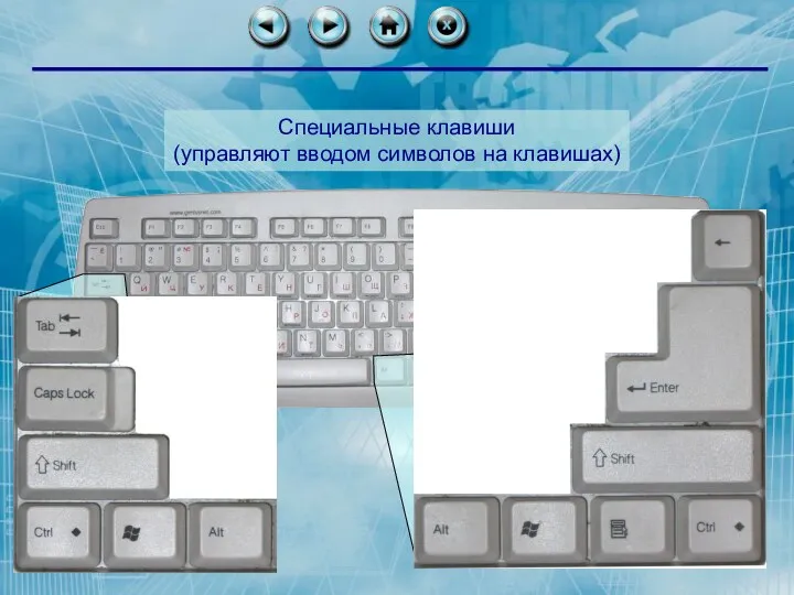 Специальные клавиши (управляют вводом символов на клавишах)