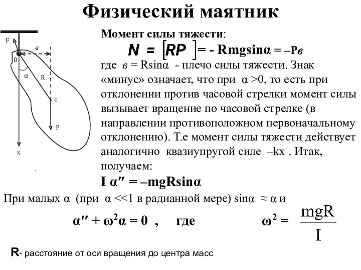 Физический маятник Момент силы тяжести: = - Rmgsinα = –Pв где в =