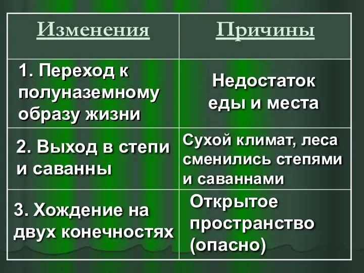 Недостаток еды и места 1. Переход к полуназемному образу жизни