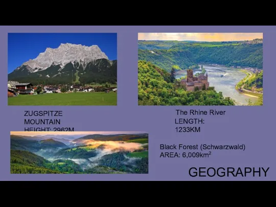 GEOGRAPHY ZUGSPITZE MOUNTAIN HEIGHT: 2962M The Rhine River LENGTH: 1233KM Black Forest (Schwarzwald) AREA: 6,009km2