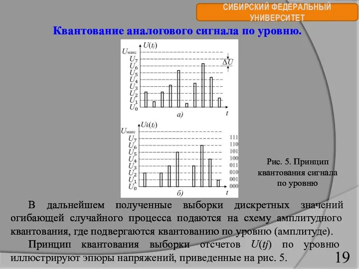 СИБИРСКИЙ ФЕДЕРАЛЬНЫЙ УНИВЕРСИТЕТ Квантование аналогового сигнала по уровню. В дальнейшем