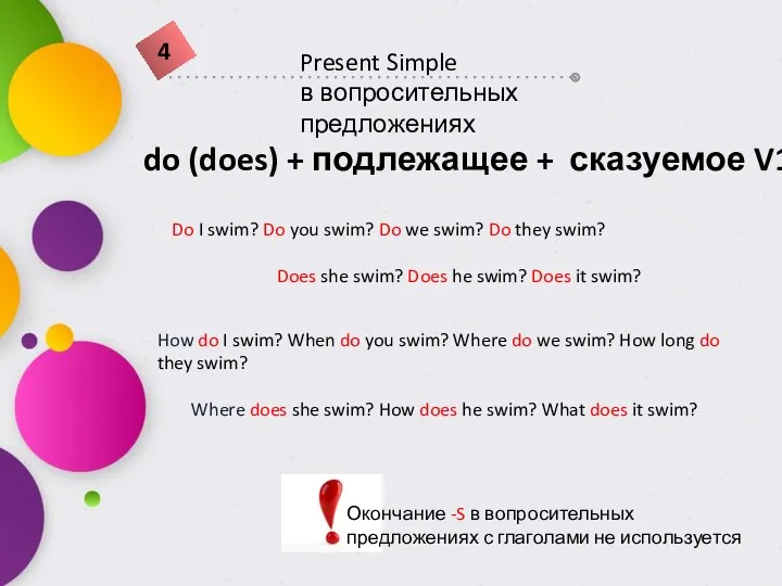 do (does) + подлежащее + сказуемое V1 Do I swim?