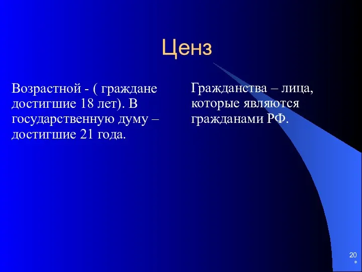 Ценз Возрастной - ( граждане достигшие 18 лет). В государственную