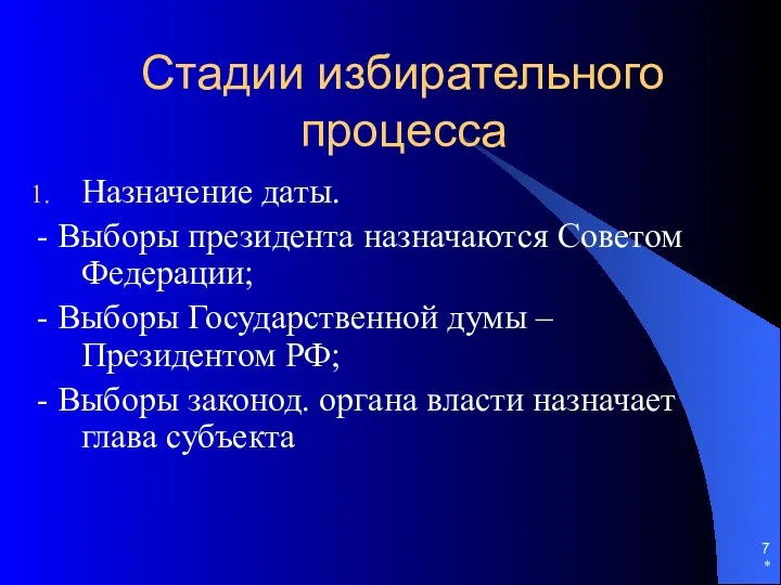 Стадии избирательного процесса Назначение даты. - Выборы президента назначаются Советом