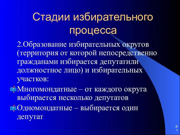 Стадии избирательного процесса 2.Образование избирательных округов (территория от которой непосредственно