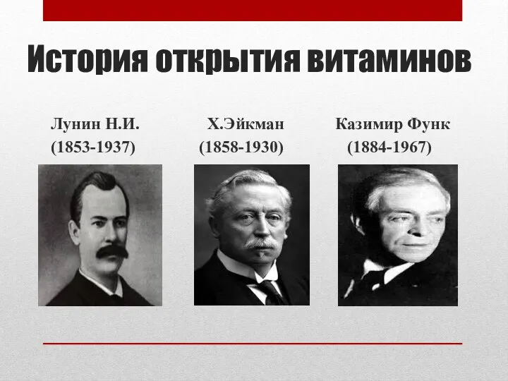 История открытия витаминов Лунин Н.И. Х.Эйкман Казимир Функ (1853-1937) (1858-1930) (1884-1967)