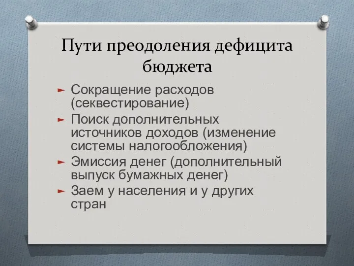 Пути преодоления дефицита бюджета Сокращение расходов (секвестирование) Поиск дополнительных источников