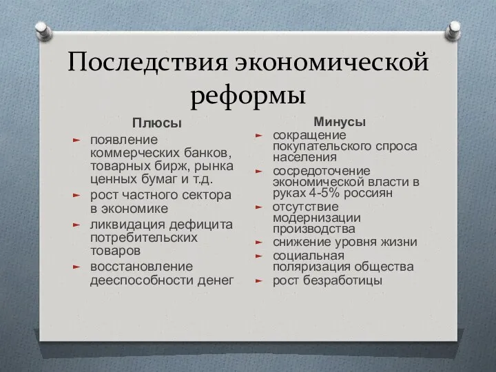 Последствия экономической реформы Плюсы появление коммерческих банков, товарных бирж, рынка