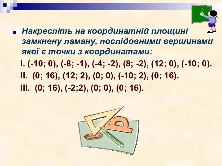 Накресліть на координатній площині замкнену ламану, послідовними вершинами якої є