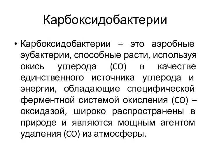 Карбоксидобактерии Карбоксидобактерии – это аэробные эубактерии, способные расти, используя окись