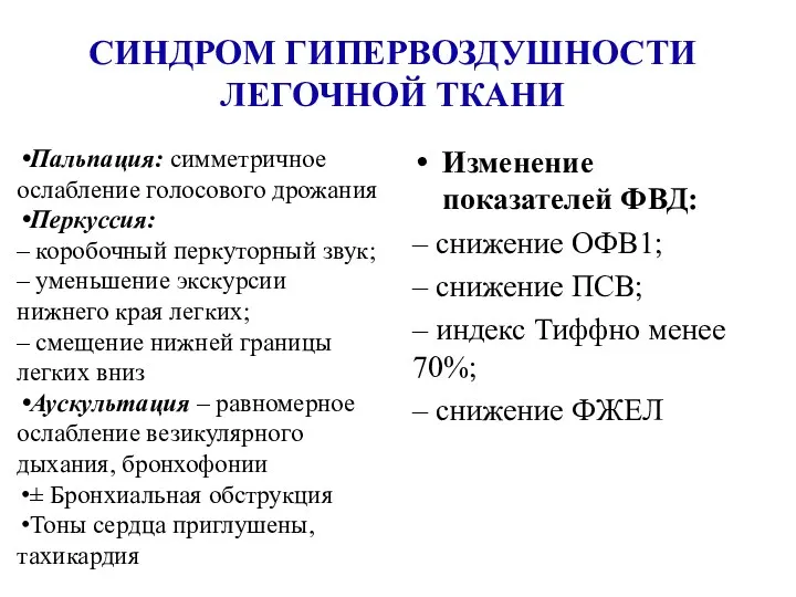 СИНДРОМ ГИПЕРВОЗДУШНОСТИ ЛЕГОЧНОЙ ТКАНИ Пальпация: симметричное ослабление голосового дрожания Перкуссия: