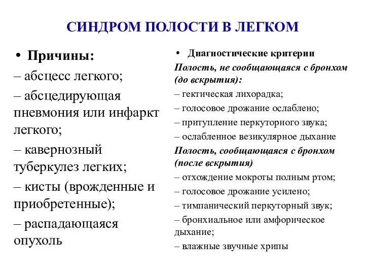 СИНДРОМ ПОЛОСТИ В ЛЕГКОМ Причины: – абсцесс легкого; – абсцедирующая