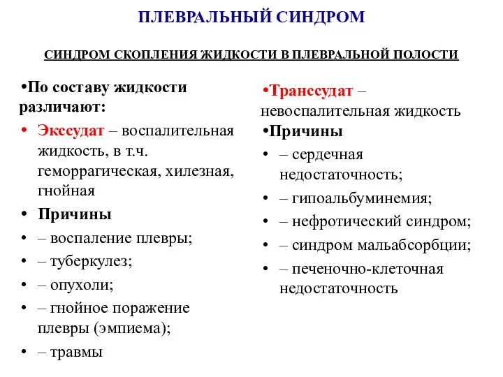 ПЛЕВРАЛЬНЫЙ СИНДРОМ СИНДРОМ СКОПЛЕНИЯ ЖИДКОСТИ В ПЛЕВРАЛЬНОЙ ПОЛОСТИ По составу