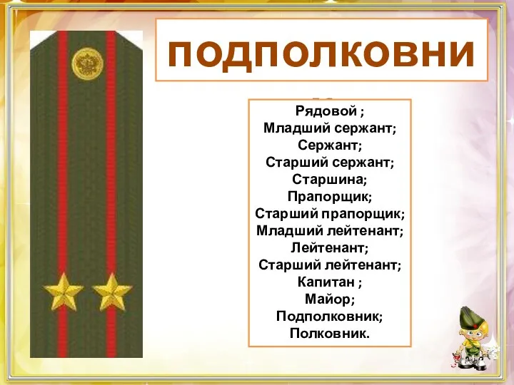 подполковник Рядовой ; Младший сержант; Сержант; Старший сержант; Старшина; Прапорщик;