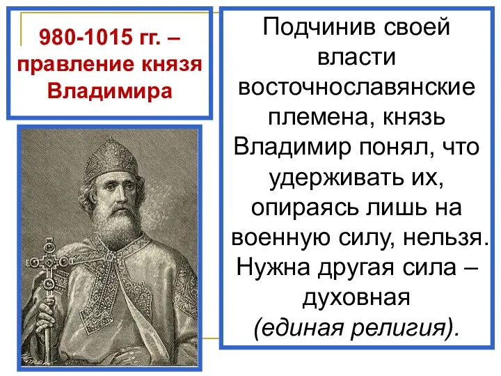 980-1015 гг. – правление князя Владимира Подчинив своей власти восточнославянские