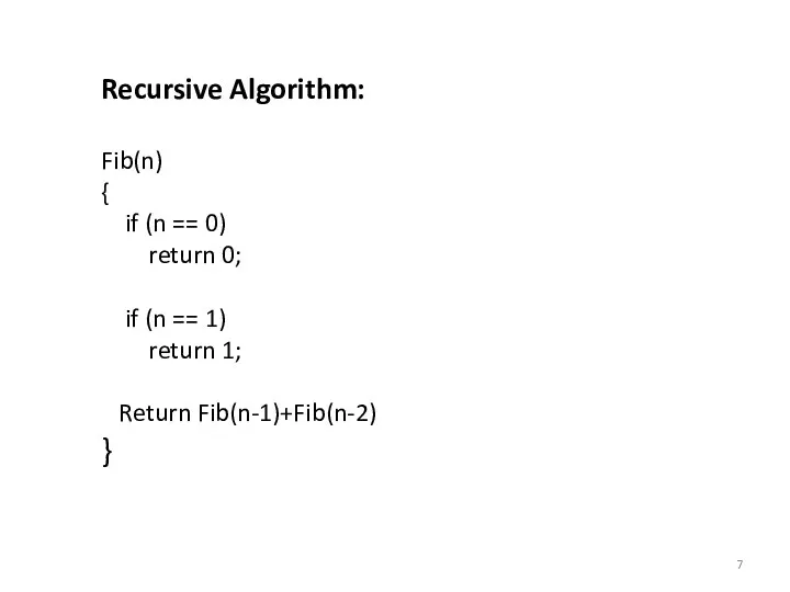 Recursive Algorithm: Fib(n) { if (n == 0) return 0;