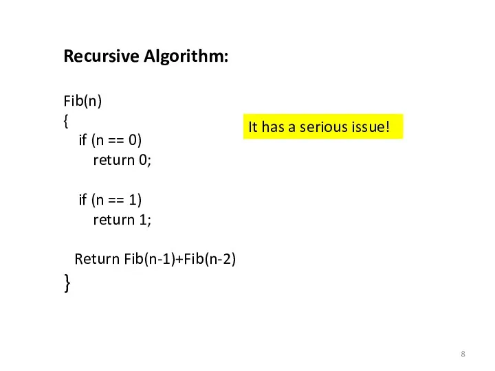 Recursive Algorithm: Fib(n) { if (n == 0) return 0;