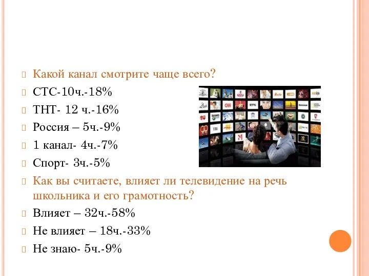 Какой канал смотрите чаще всего? СТС-10ч.-18% ТНТ- 12 ч.-16% Россия