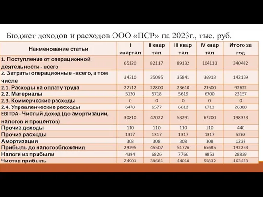 Бюджет доходов и расходов ООО «ПСР» на 2023г., тыс. руб.