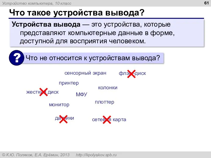 Что такое устройства вывода? Устройства вывода — это устройства, которые