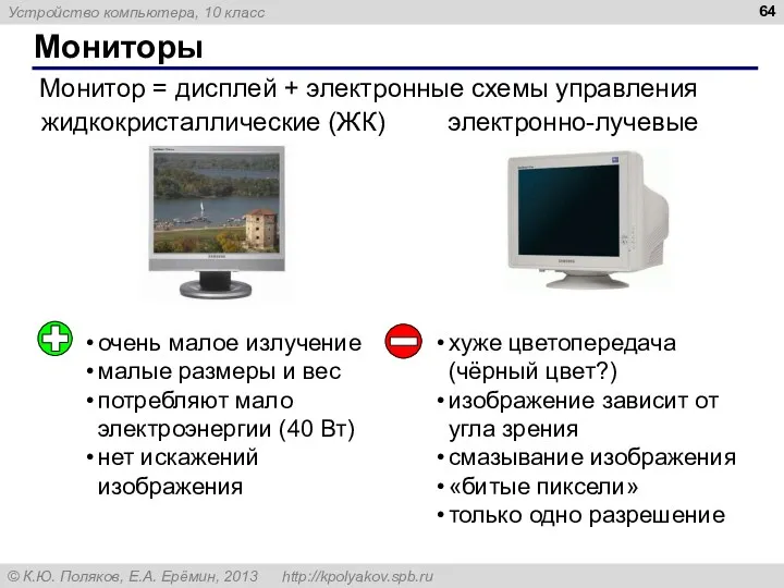 Мониторы Монитор = дисплей + электронные схемы управления электронно-лучевые жидкокристаллические (ЖК) очень малое