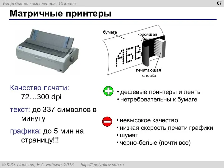 Матричные принтеры Качество печати: 72…300 dpi текст: до 337 символов