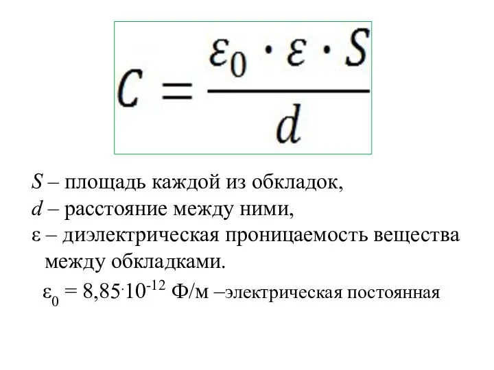 S – площадь каждой из обкладок, d – расстояние между