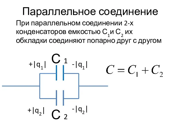 Параллельное соединение При параллельном соединении 2-х конденсаторов емкостью С1и С2