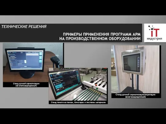 ТЕХНИЧЕСКИЕ РЕШЕНИЯ Стенд ручной сериализации (не влагозащищенный) Стенд ручной сериализации/агрегации (влагозащищенный) ПРИМЕРЫ ПРИМЕНЕНИЯ