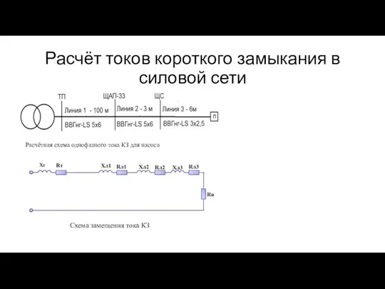 Расчёт токов короткого замыкания в силовой сети Расчётная схема однофазного