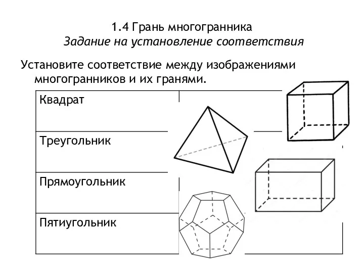 1.4 Грань многогранника Задание на установление соответствия Установите соответствие между изображениями многогранников и их гранями.