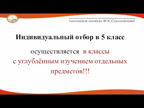 Индивидуальный отбор в 5 класс осуществляется в классы с углублённым изучением отдельных предметов!!!