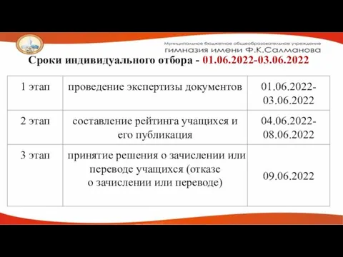 Сроки индивидуального отбора - 01.06.2022-03.06.2022