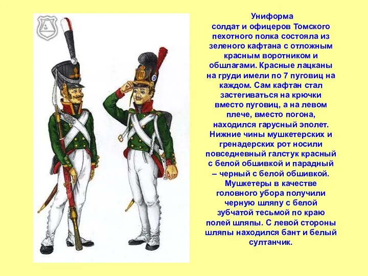 Униформа солдат и офицеров Томского пехотного полка состояла из зеленого кафтана с отложным