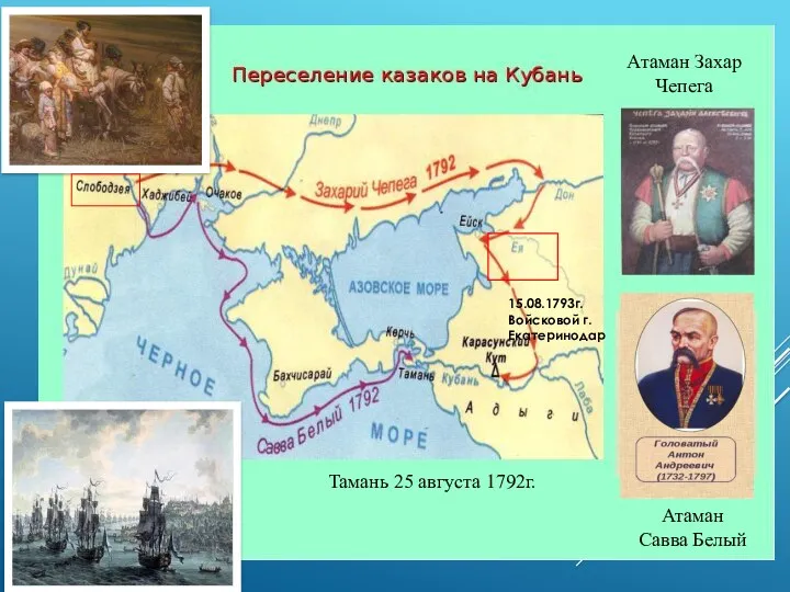 Тамань 25 августа 1792г. 15.08.1793г. Войсковой г.Екатеринодар Атаман Захар Чепега Атаман Савва Белый