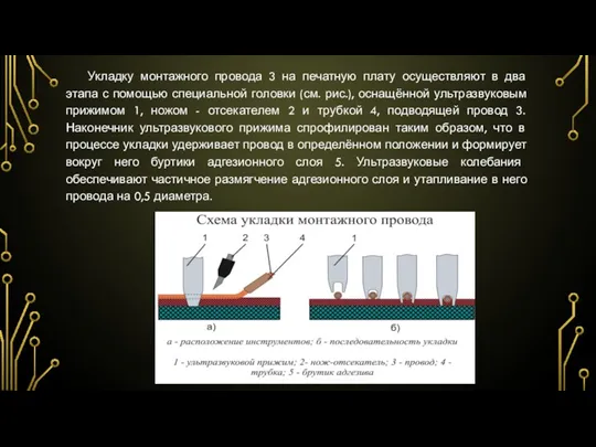 Укладку монтажного провода 3 на печатную плату осуществляют в два