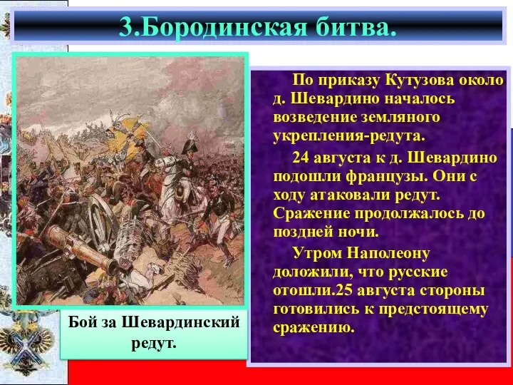 По приказу Кутузова около д. Шевардино началось возведение земляного укрепления-редута.