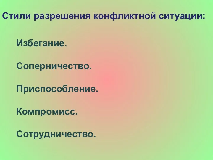 Стили разрешения конфликтной ситуации: Избегание. Соперничество. Приспособление. Компромисс. Сотрудничество.